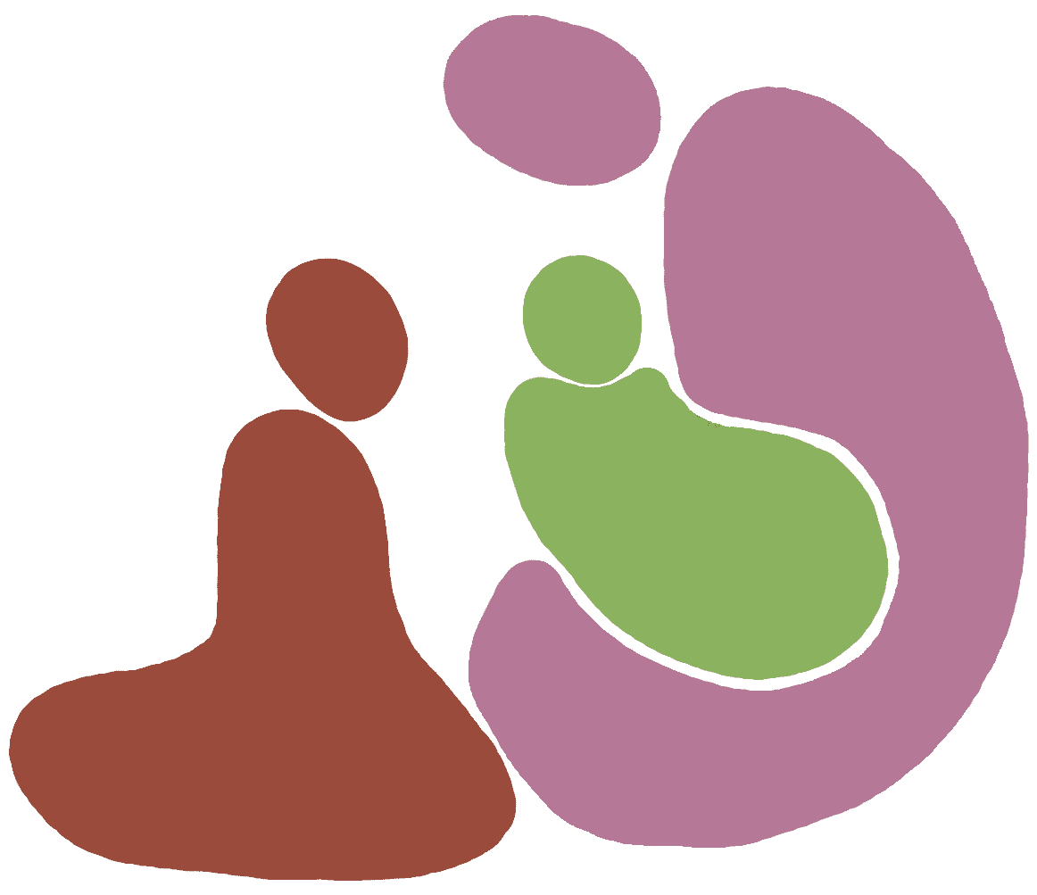 Illustration abstraite et colorée représentant trois silhouettes stylisées : une forme rose enveloppe et protège une forme verte plus petite, évoquant un parent et un enfant, tandis qu’une silhouette rouge est placée à proximité, suggérant le soutien et la présence d’une autre personne.